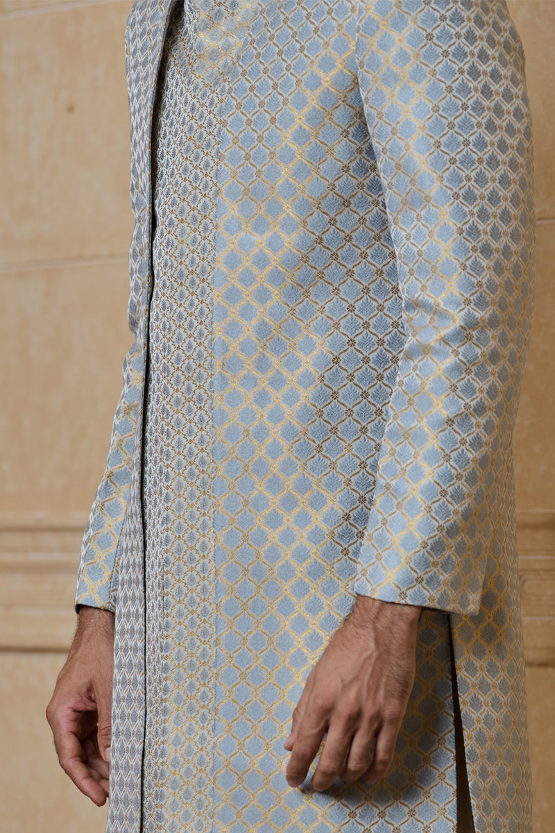 Blue Layer Pattern Achkan With Collar Embroidery