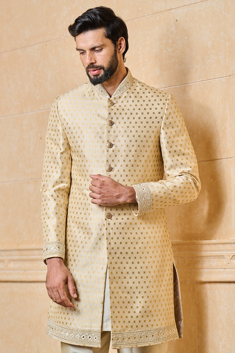 Gold Classic Achkan With Embroidery Details