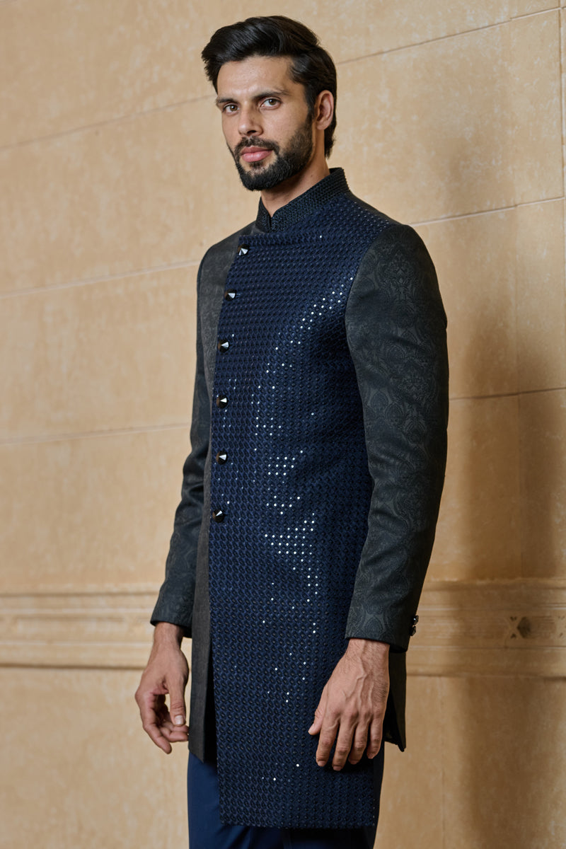 Navy Asymmetric Achkan With Embroidered Collar