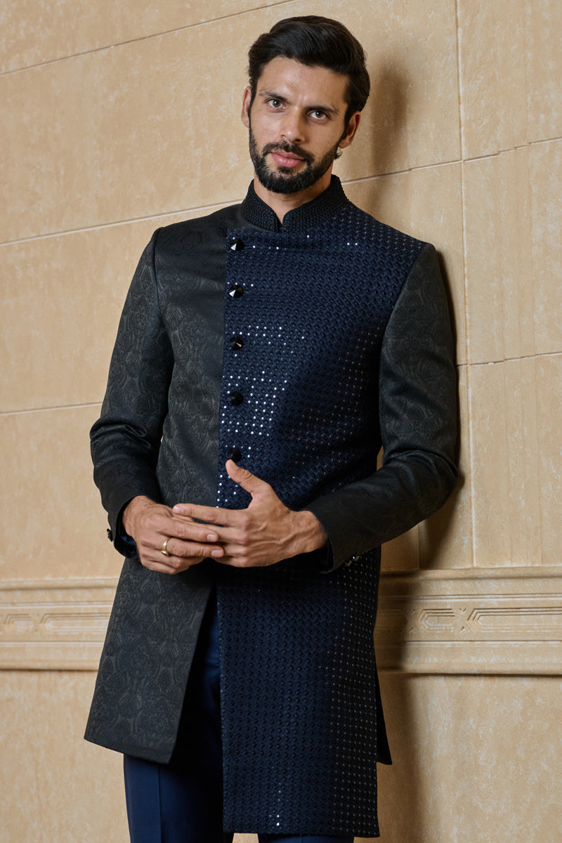 Navy Asymmetric Achkan With Embroidered Collar