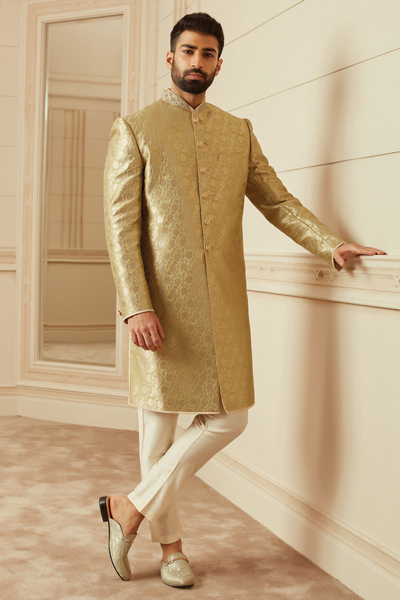 Light Green Classic Achkan With Embroidered Collar