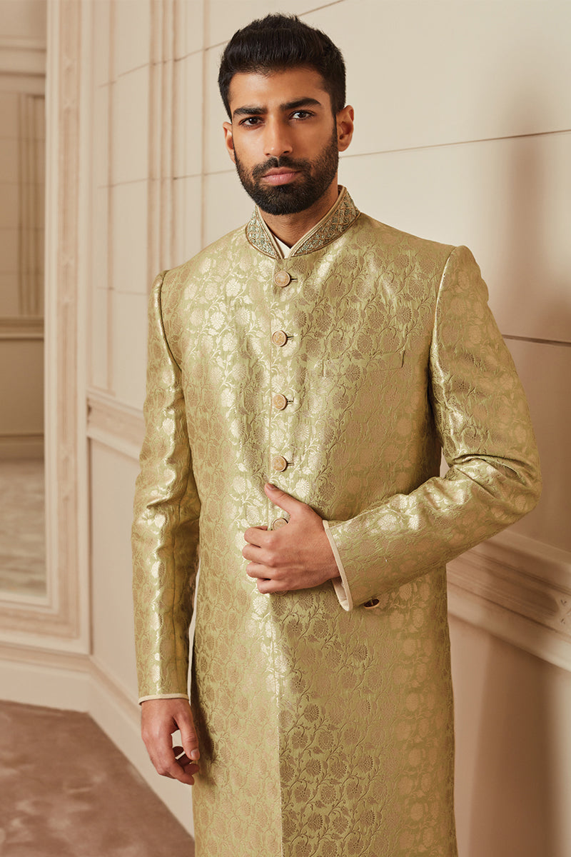 Light Green Classic Achkan With Embroidered Collar