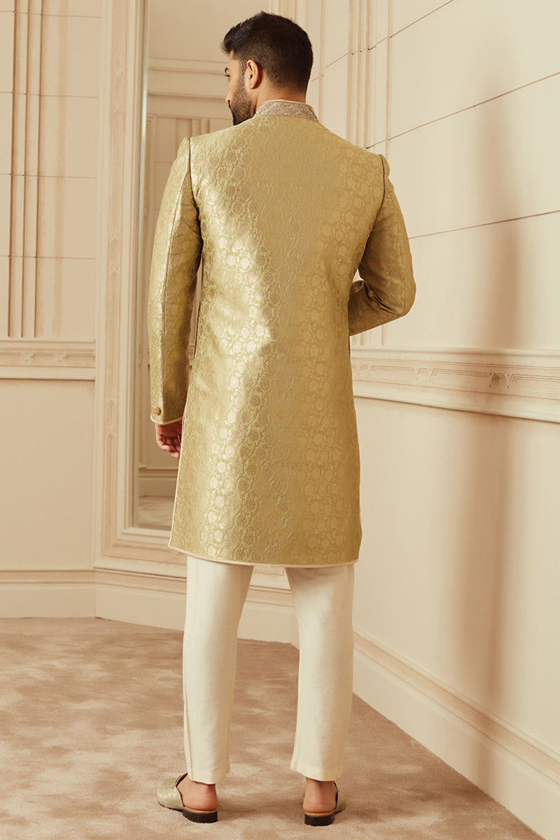 Light Green Classic Achkan With Embroidered Collar