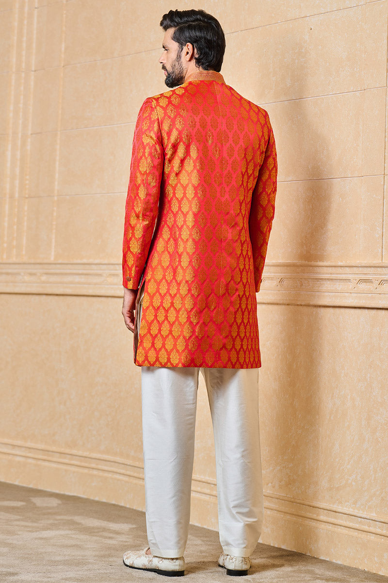 Red Classic Brocade Achkan