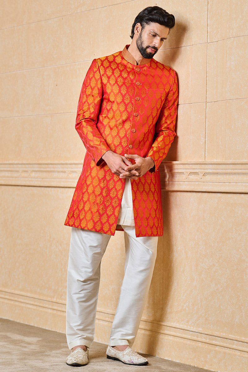 Red Classic Brocade Achkan