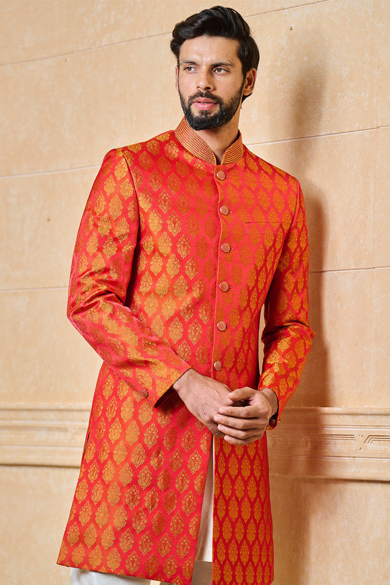 Red Classic Brocade Achkan