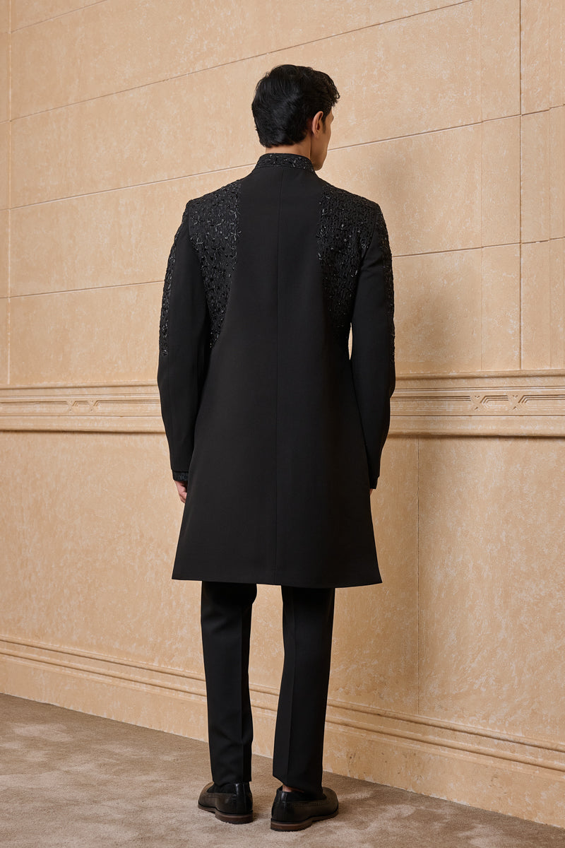 Black Layered Achkan With Placement Embroidery