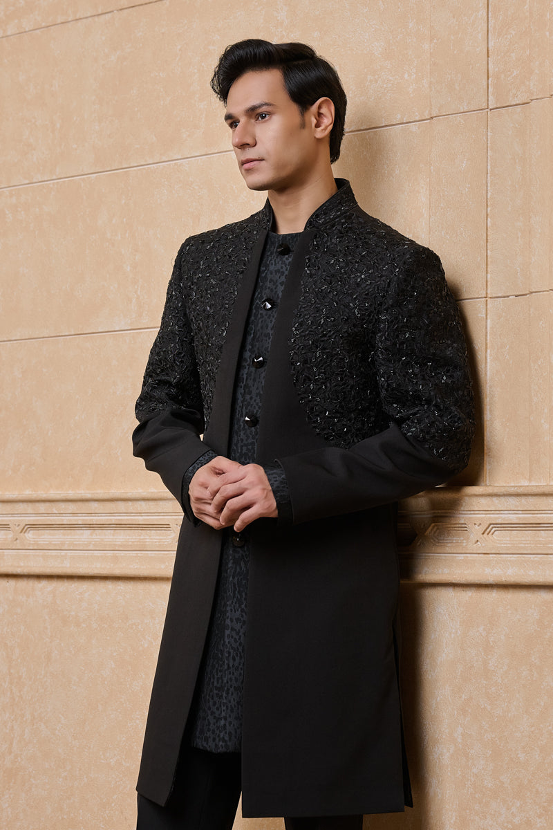 Black Layered Achkan With Placement Embroidery