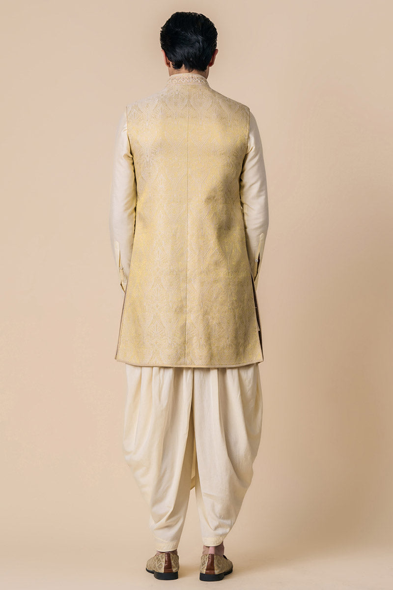 Gold Sleeveless Achkan with Zari Detailing