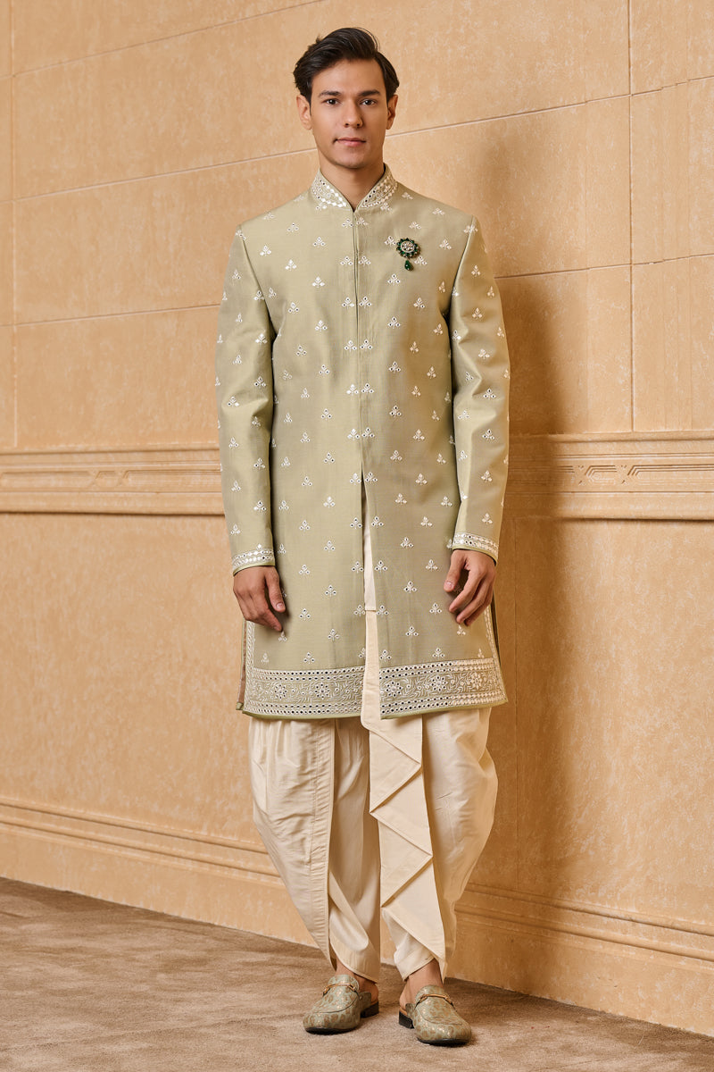 Light Green All Over Floral Butta Embroidered Achkan