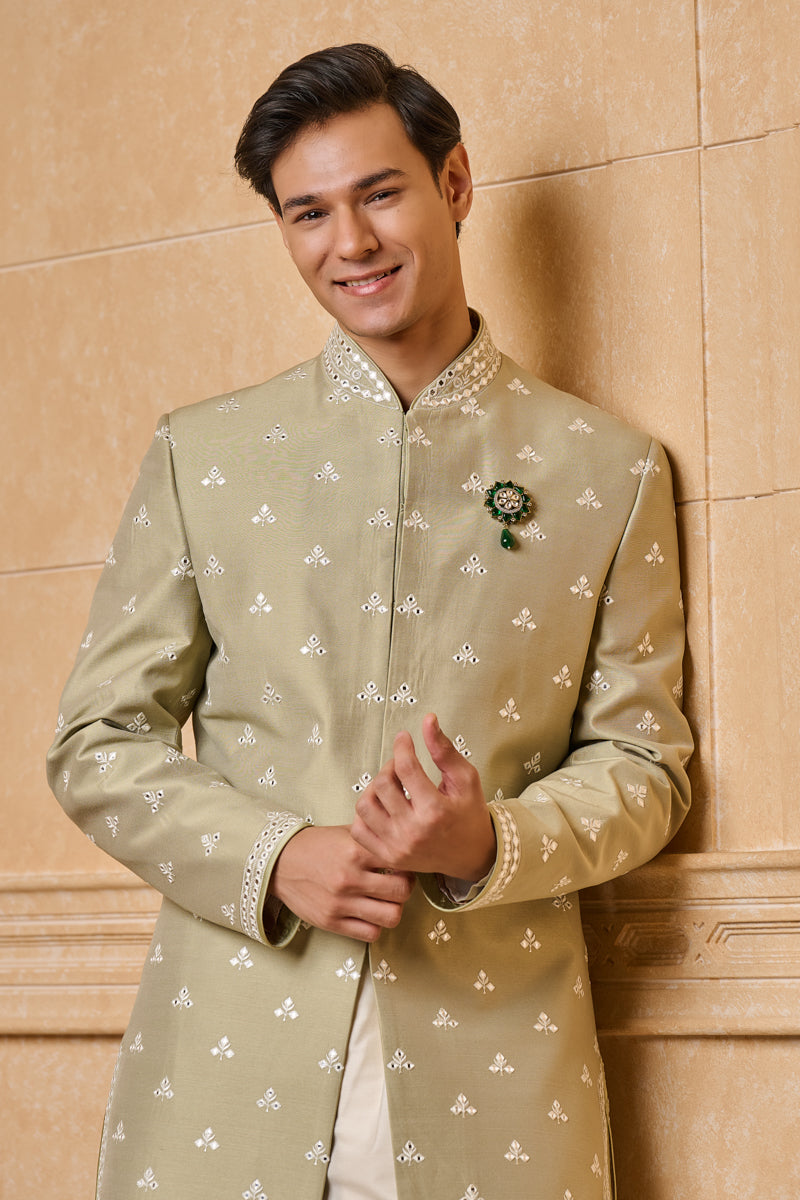 Light Green All Over Floral Butta Embroidered Achkan