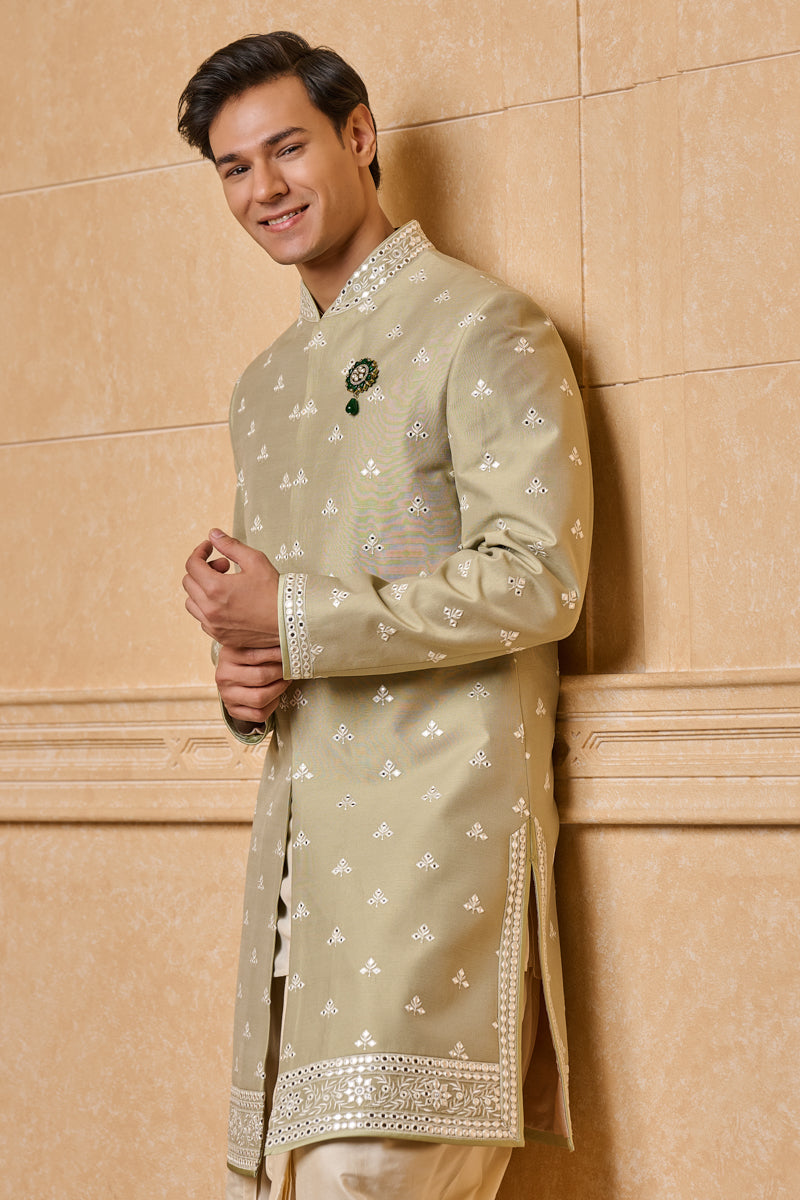 Light Green All Over Floral Butta Embroidered Achkan