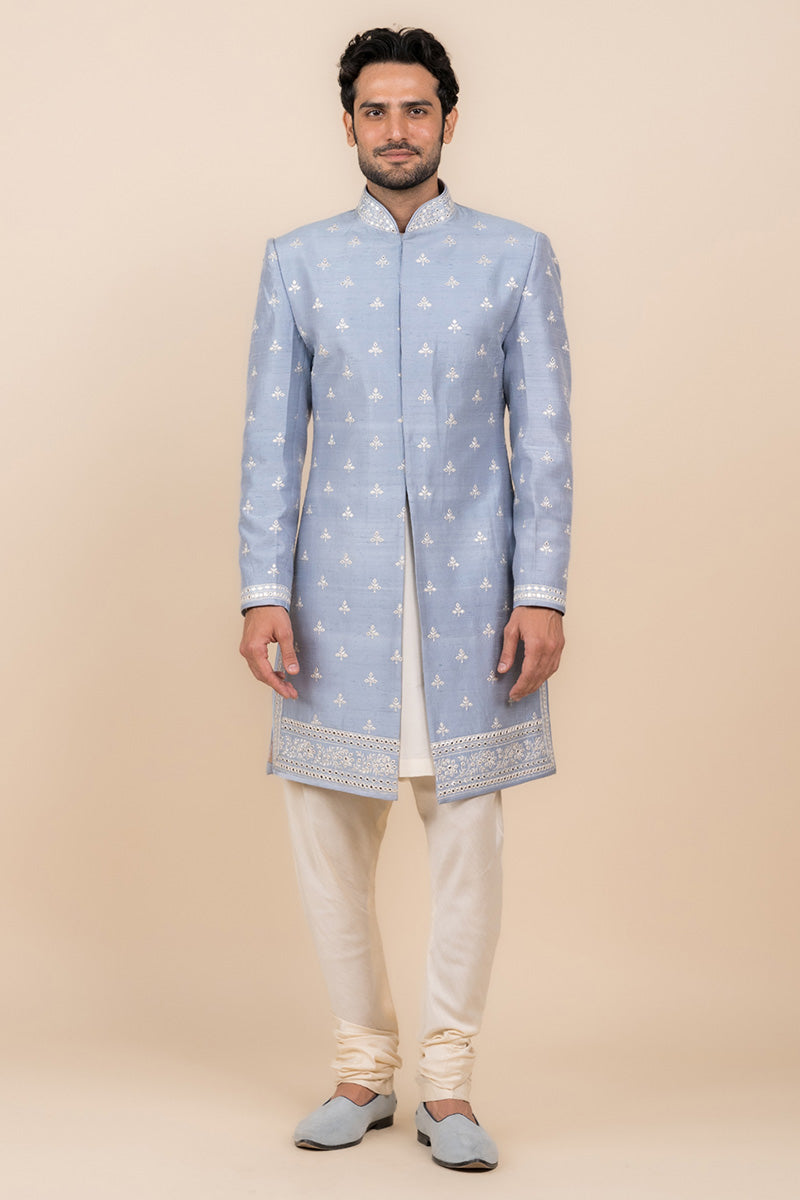 Light Blue All Over Embroidered Achkan In Silk