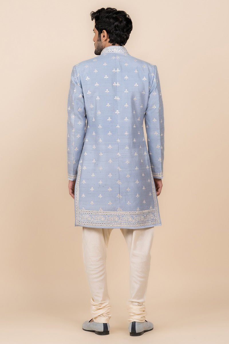 Light Blue All Over Embroidered Achkan In Silk