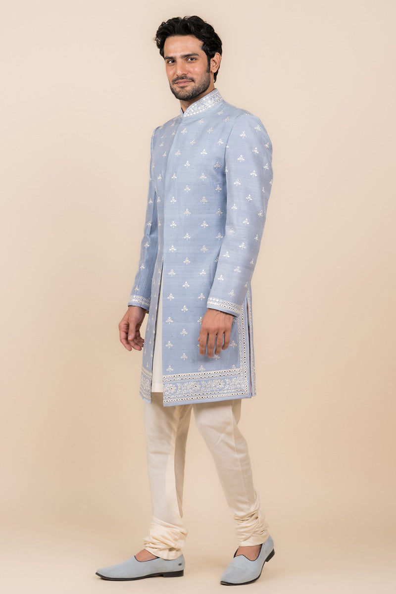 Light Blue All Over Embroidered Achkan In Silk