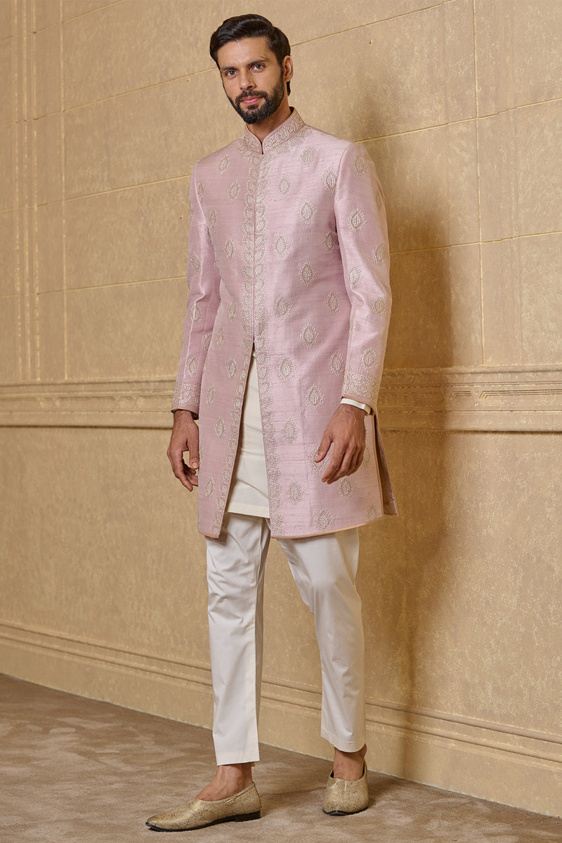 Pink Achkan In Silk With Aari And Zardozi Embroidery