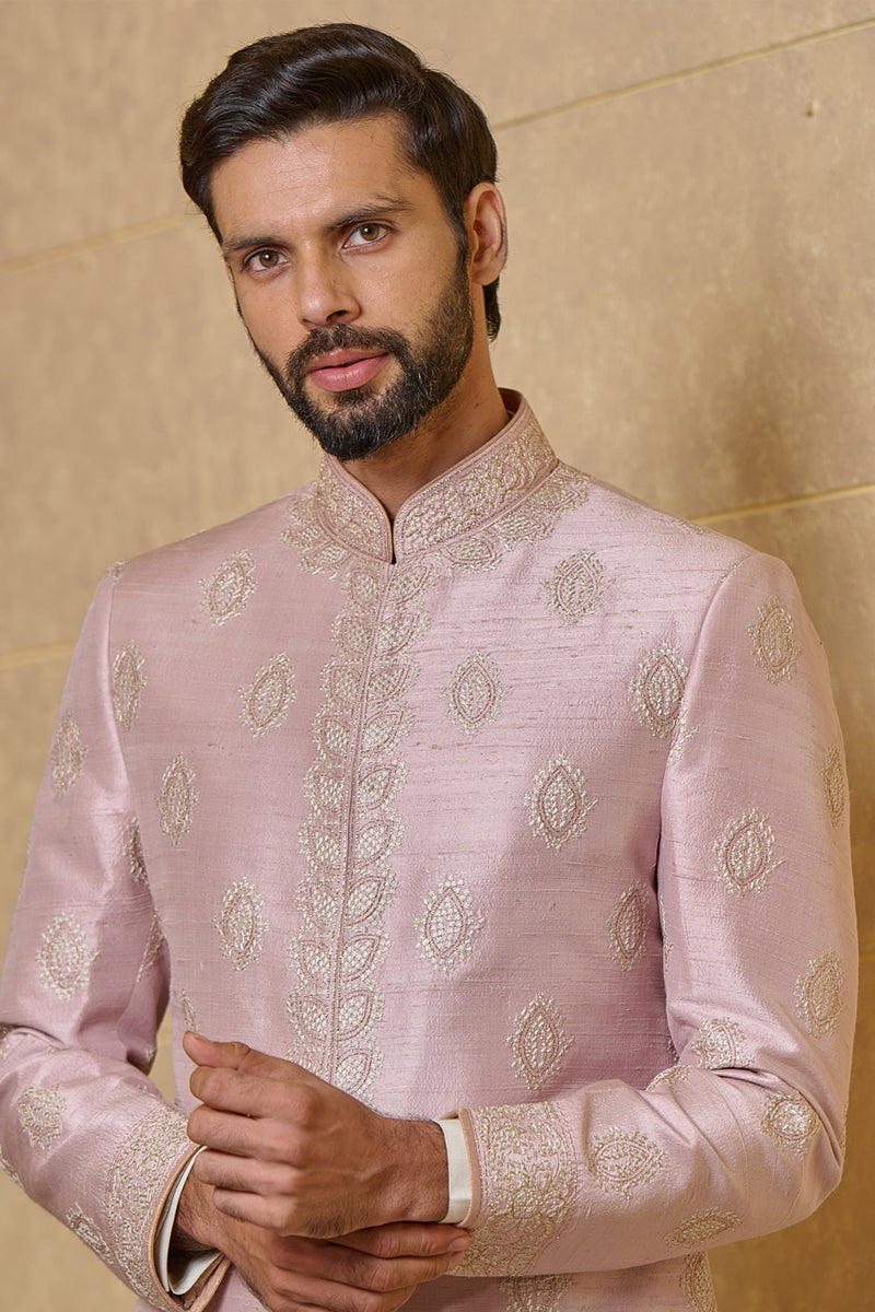 Pink Achkan In Silk With Aari And Zardozi Embroidery