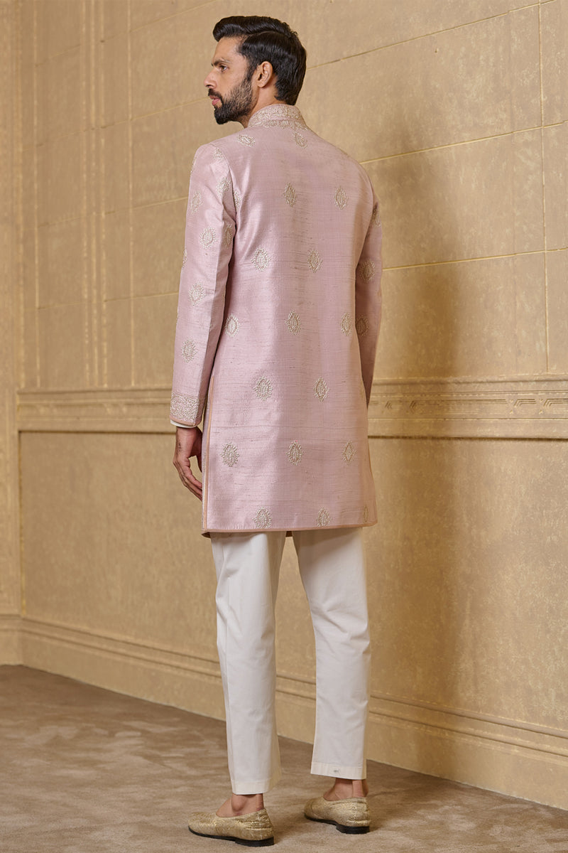 Pink Achkan In Silk With Aari And Zardozi Embroidery