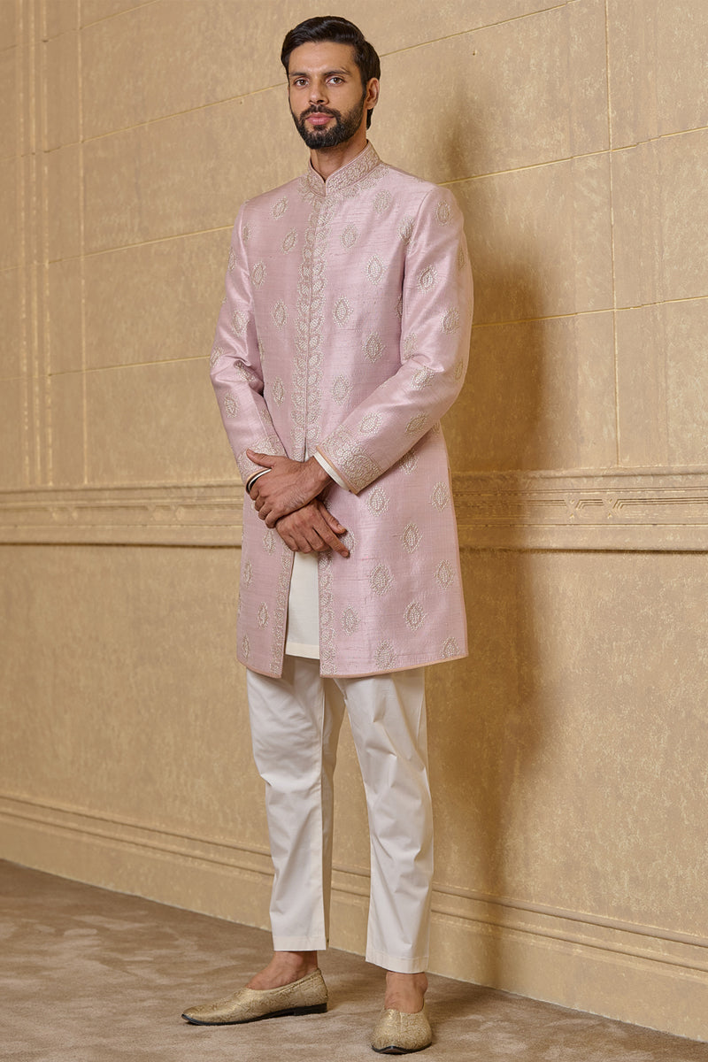 Pink Achkan In Silk With Aari And Zardozi Embroidery