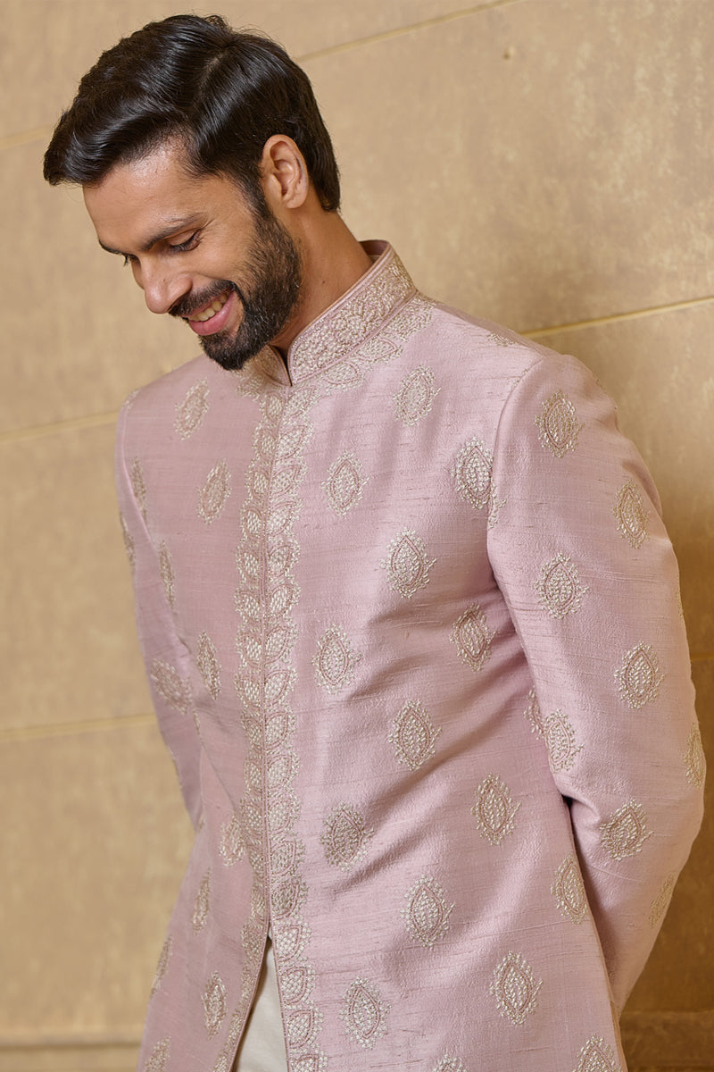 Pink Achkan In Silk With Aari And Zardozi Embroidery