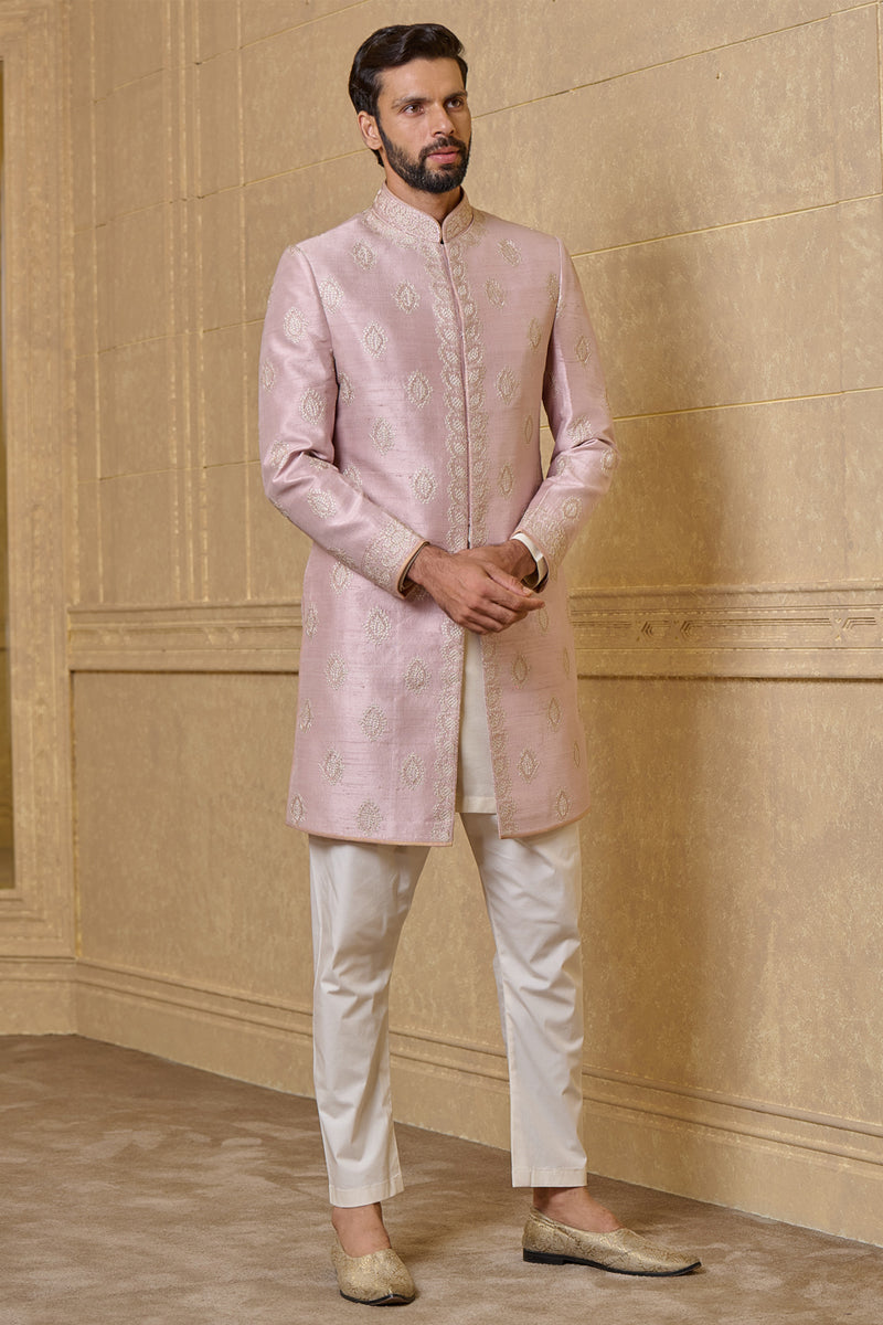 Pink Achkan In Silk With Aari And Zardozi Embroidery