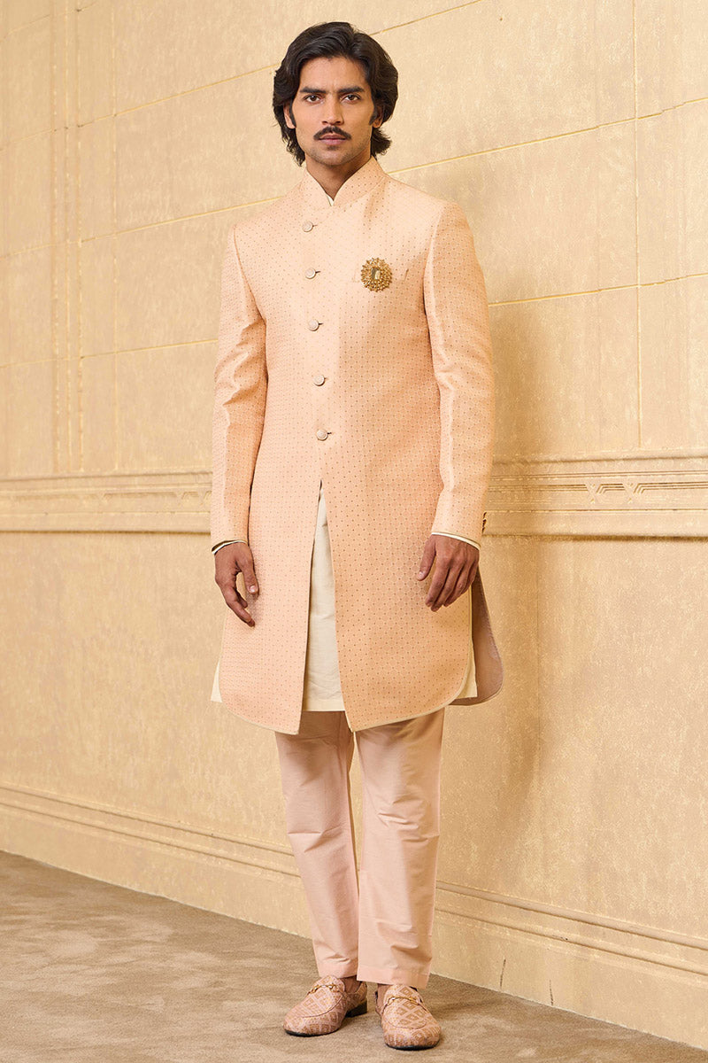 Peach Brocade Achkan With Embroidered Collar