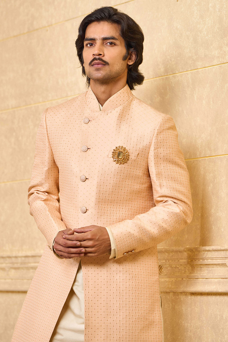 Peach Brocade Achkan With Embroidered Collar