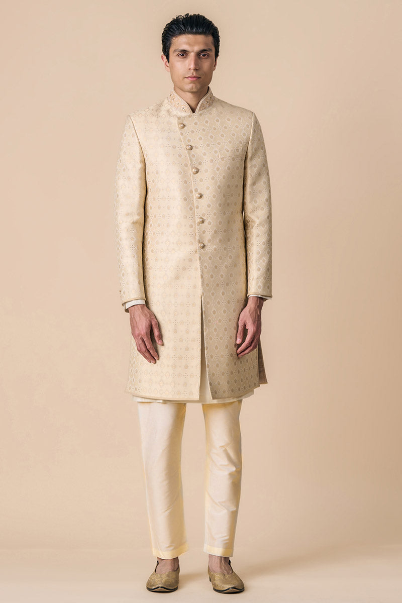 Gold Brocade Achkan With Embroidered Collar