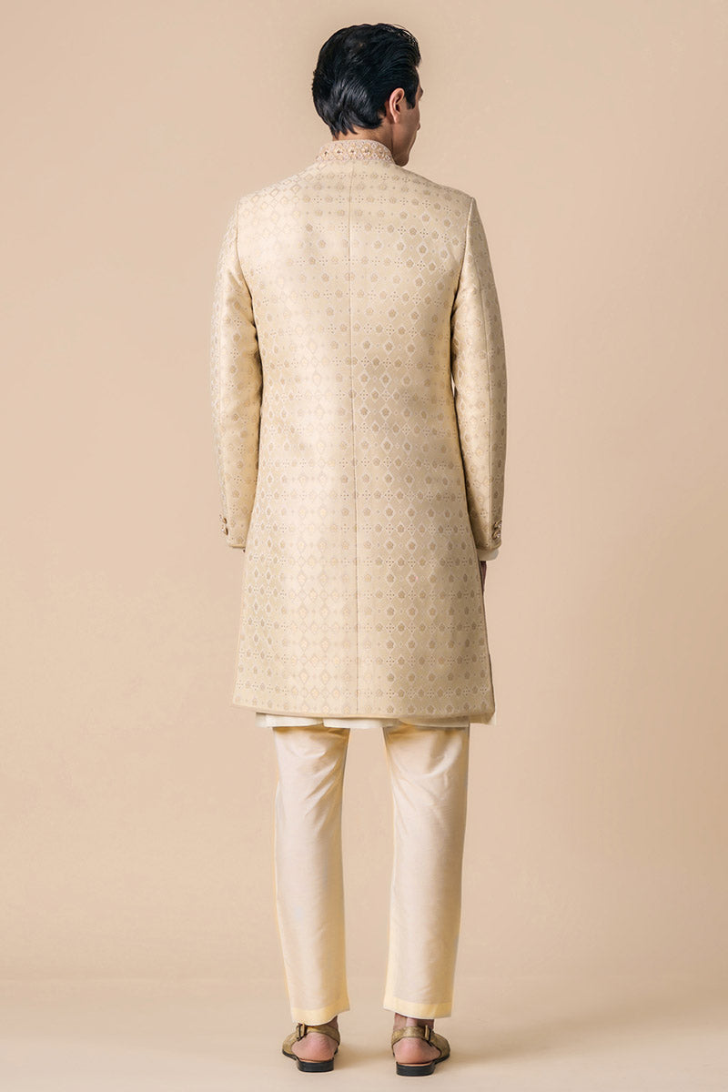 Gold Brocade Achkan With Embroidered Collar