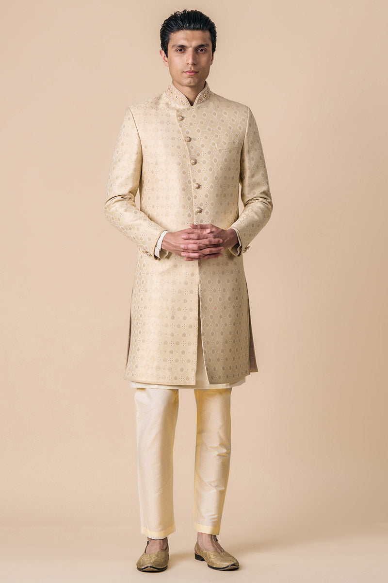 Gold Brocade Achkan With Embroidered Collar