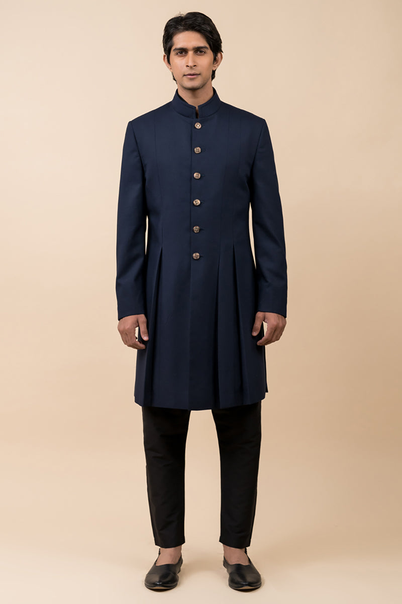 Navy Achkan With Pleat Details