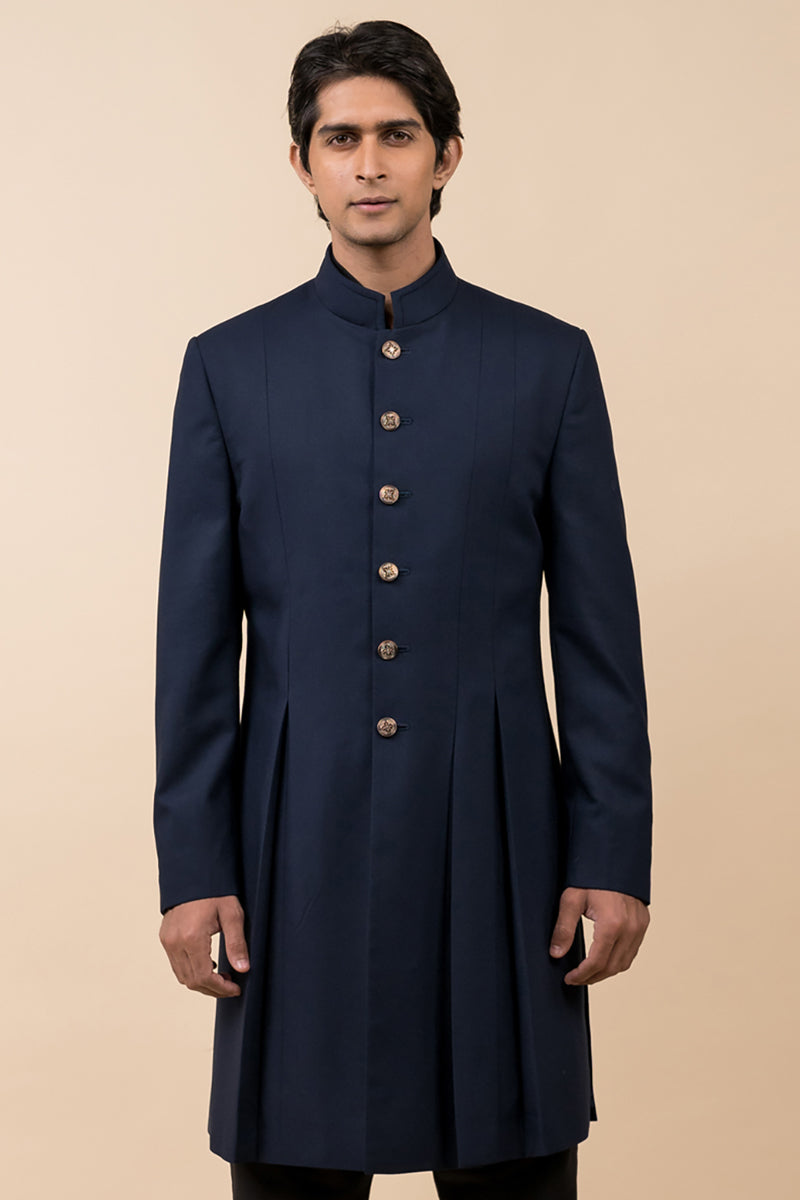 Navy Achkan With Pleat Details