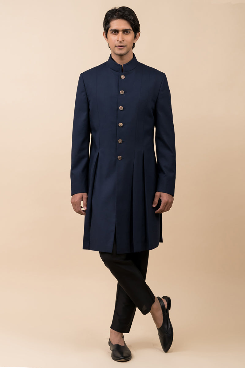 Navy Achkan With Pleat Details