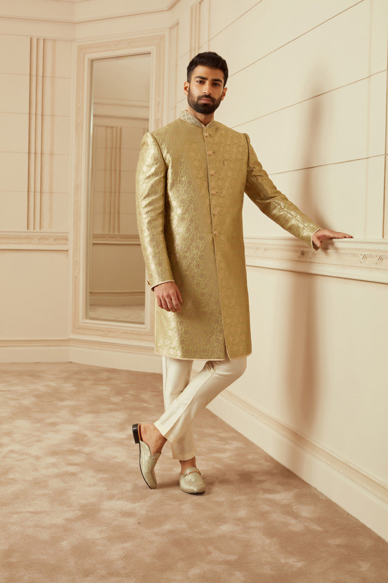 Light Green Brocade Achkan With Zardozi Embroidery