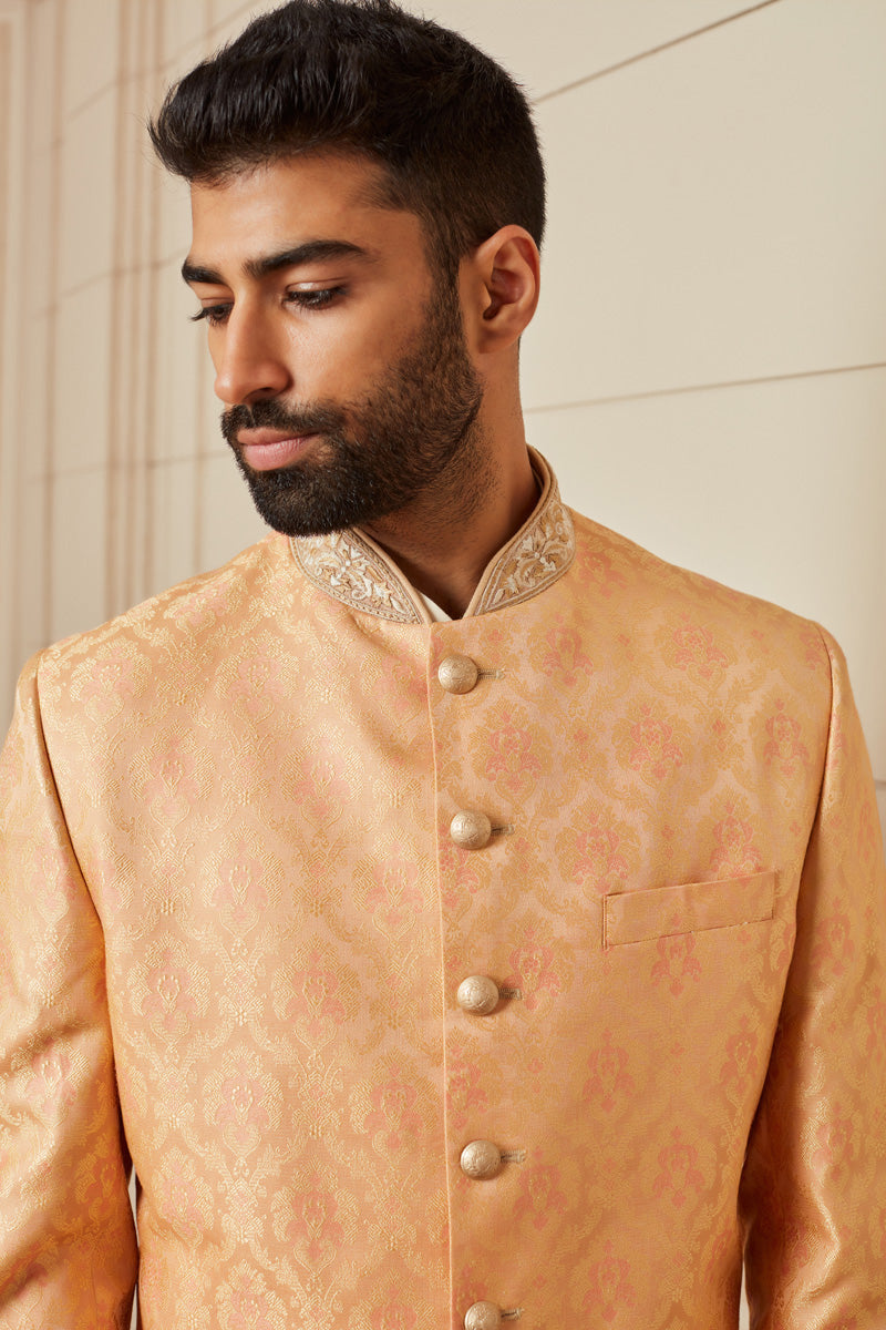 Peach Brocade Achkan With Zardozi Embroidery