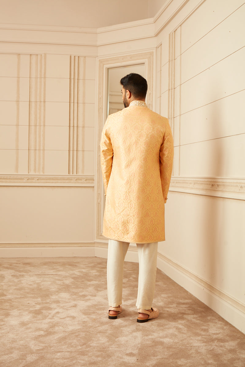 Peach Brocade Achkan With Zardozi Embroidery