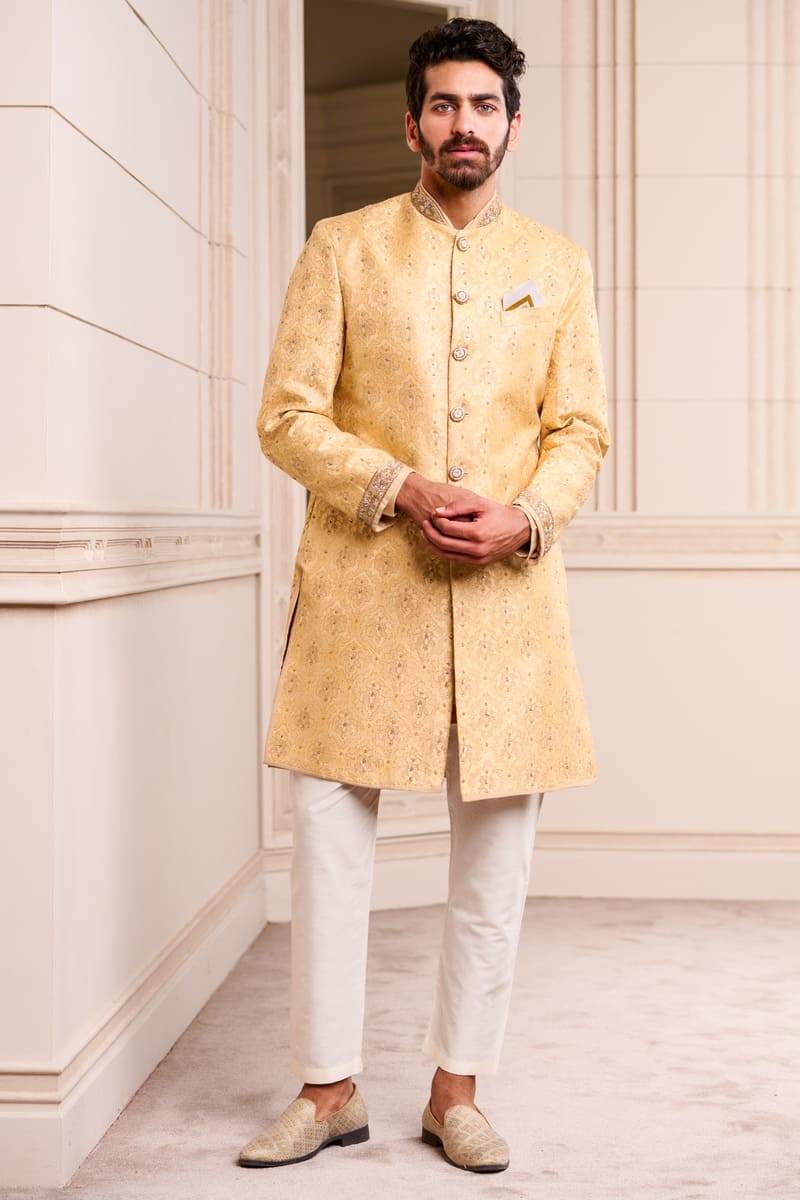 Gold Classic Brocade Achkan With Resham Embroidery