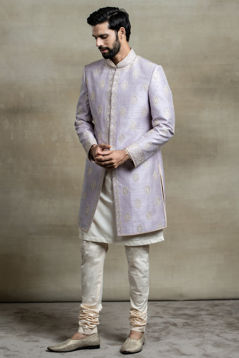 Lilac Achkan In Silk With Aari And Zardozi Embroidery