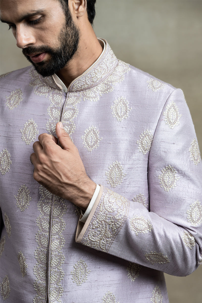 Lilac Achkan In Silk With Aari And Zardozi Embroidery