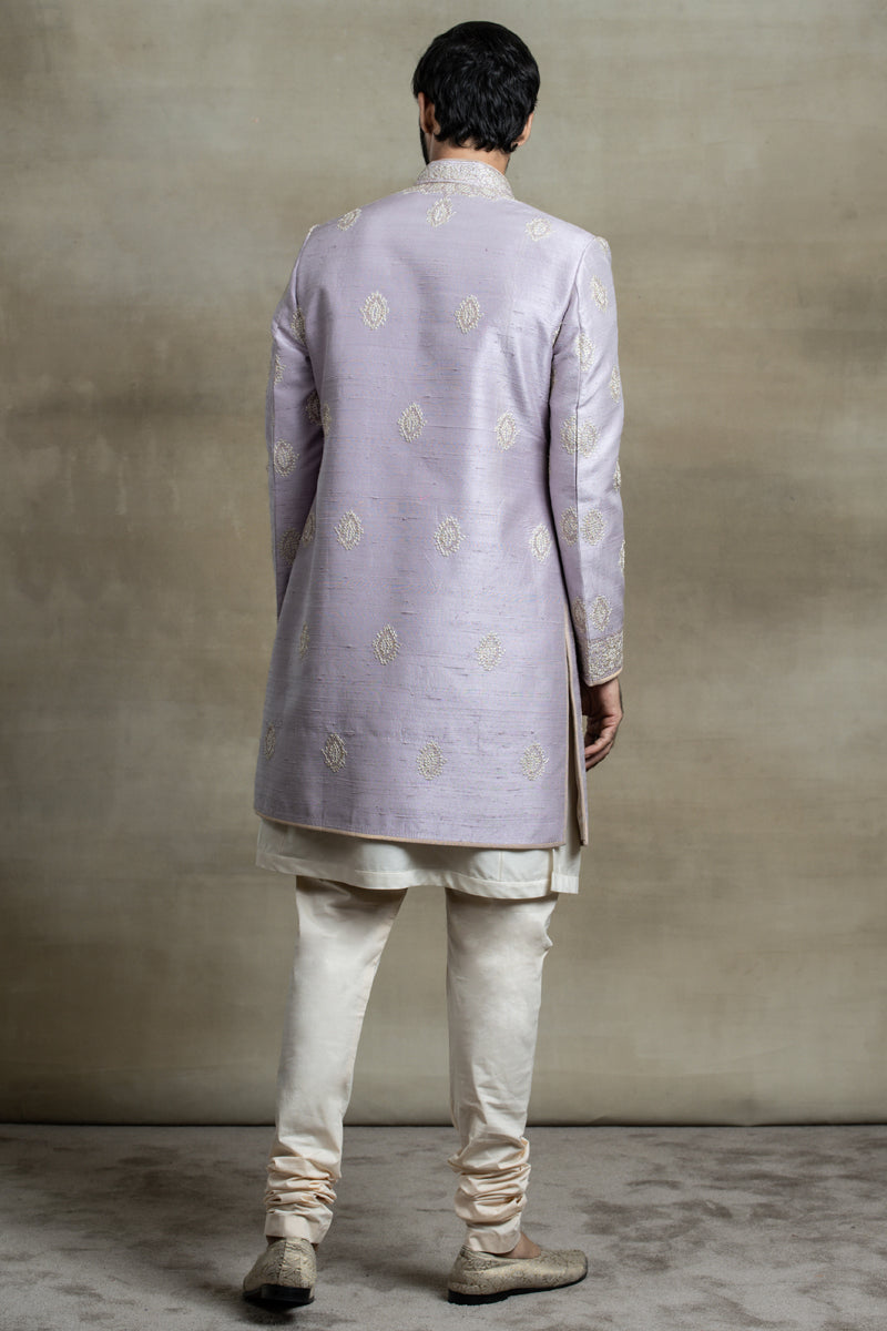 Lilac Achkan In Silk With Aari And Zardozi Embroidery