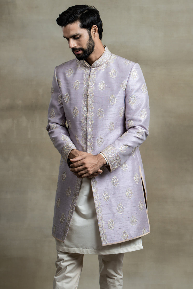 Lilac Achkan In Silk With Aari And Zardozi Embroidery