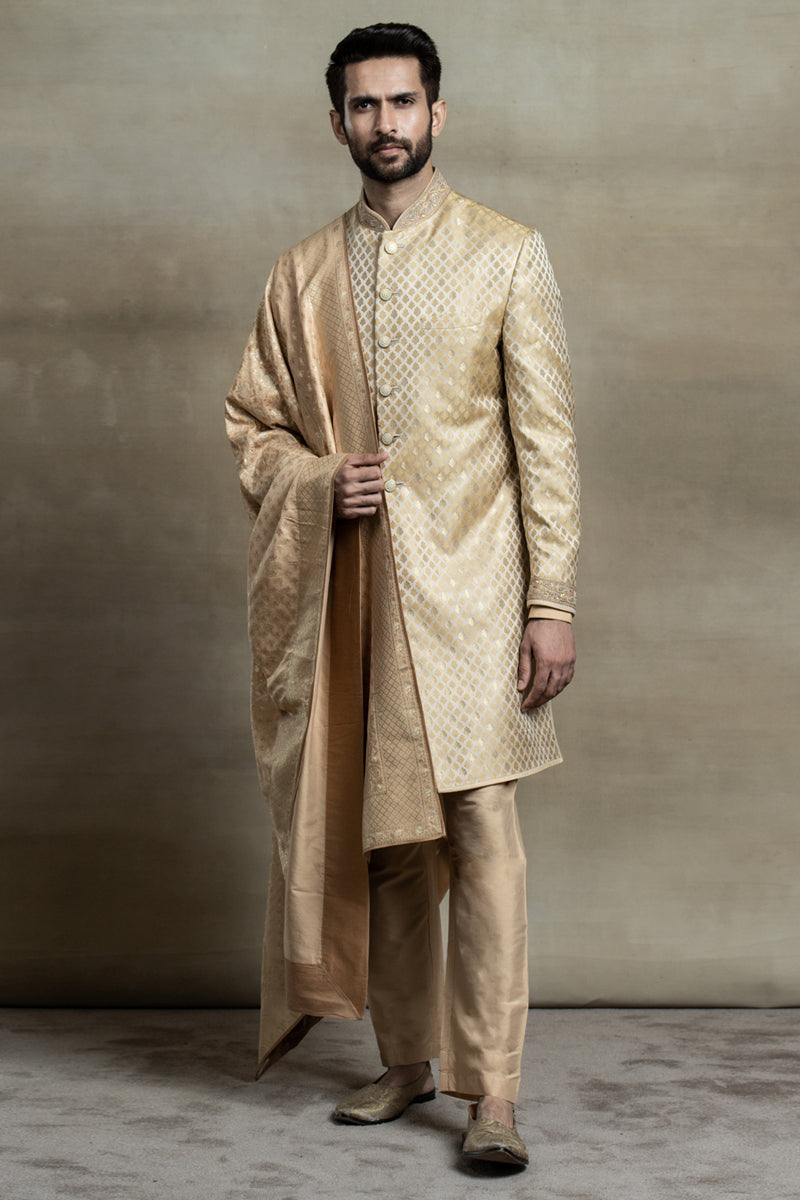 Gold Brocade Achkan With Zardozi Embroidered Collar