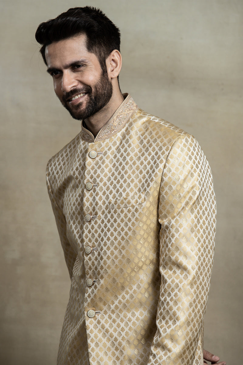 Gold Brocade Achkan With Zardozi Embroidered Collar