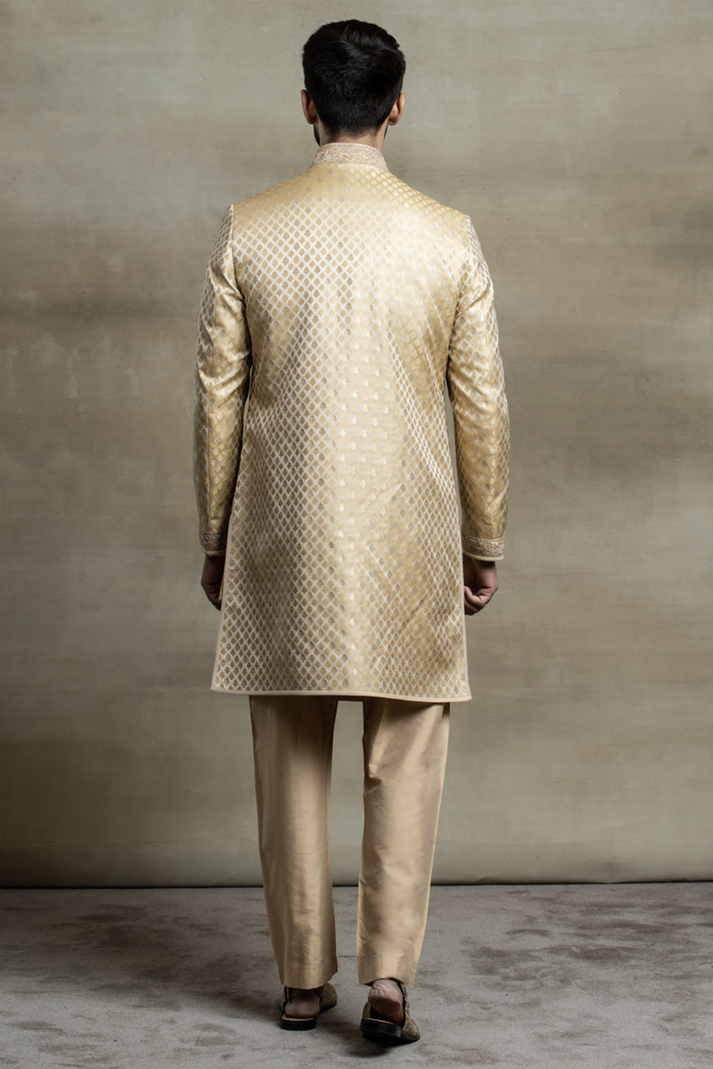 Gold Brocade Achkan With Zardozi Embroidered Collar