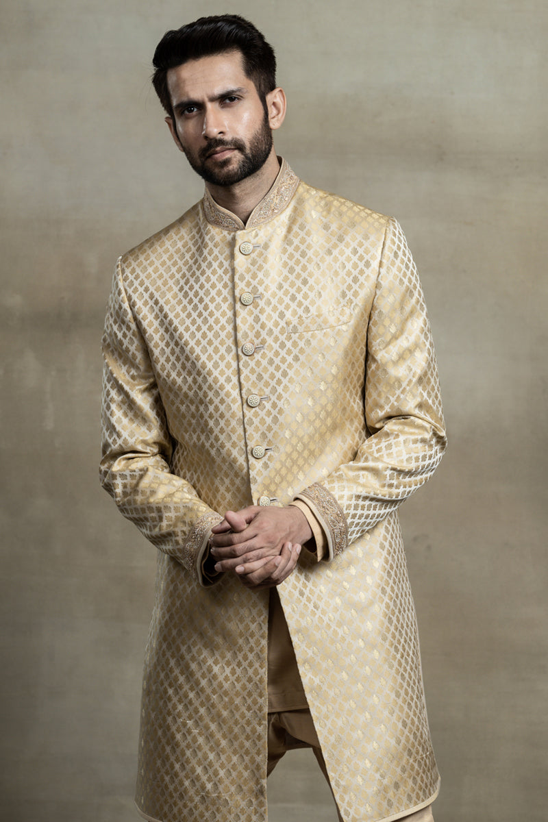 Gold Brocade Achkan With Zardozi Embroidered Collar