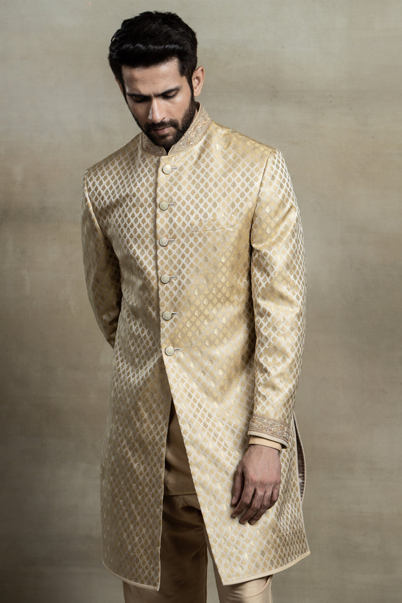 Gold Brocade Achkan With Zardozi Embroidered Collar