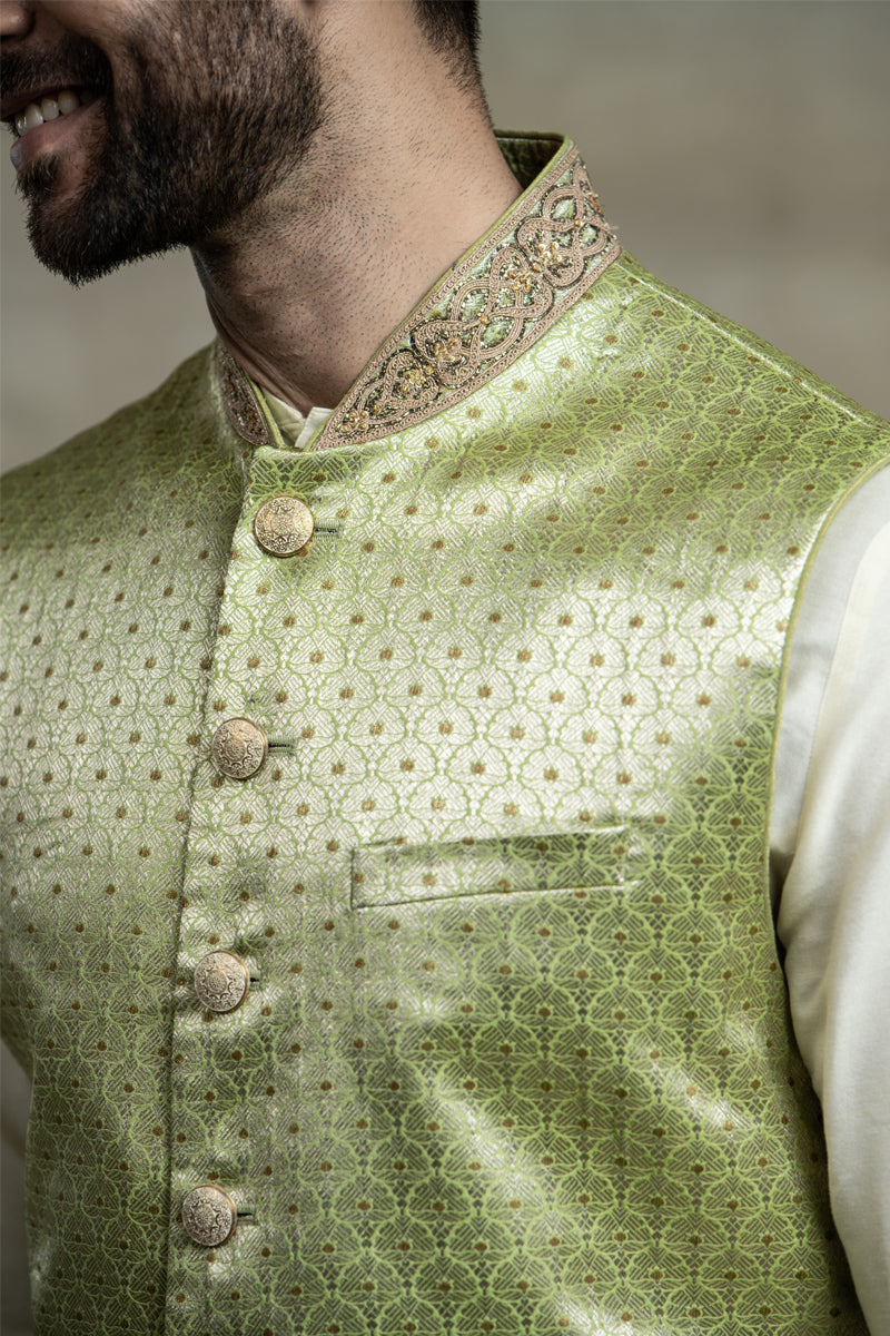 Green Sleeveless Jacquard Achkan with Embroidered Collar