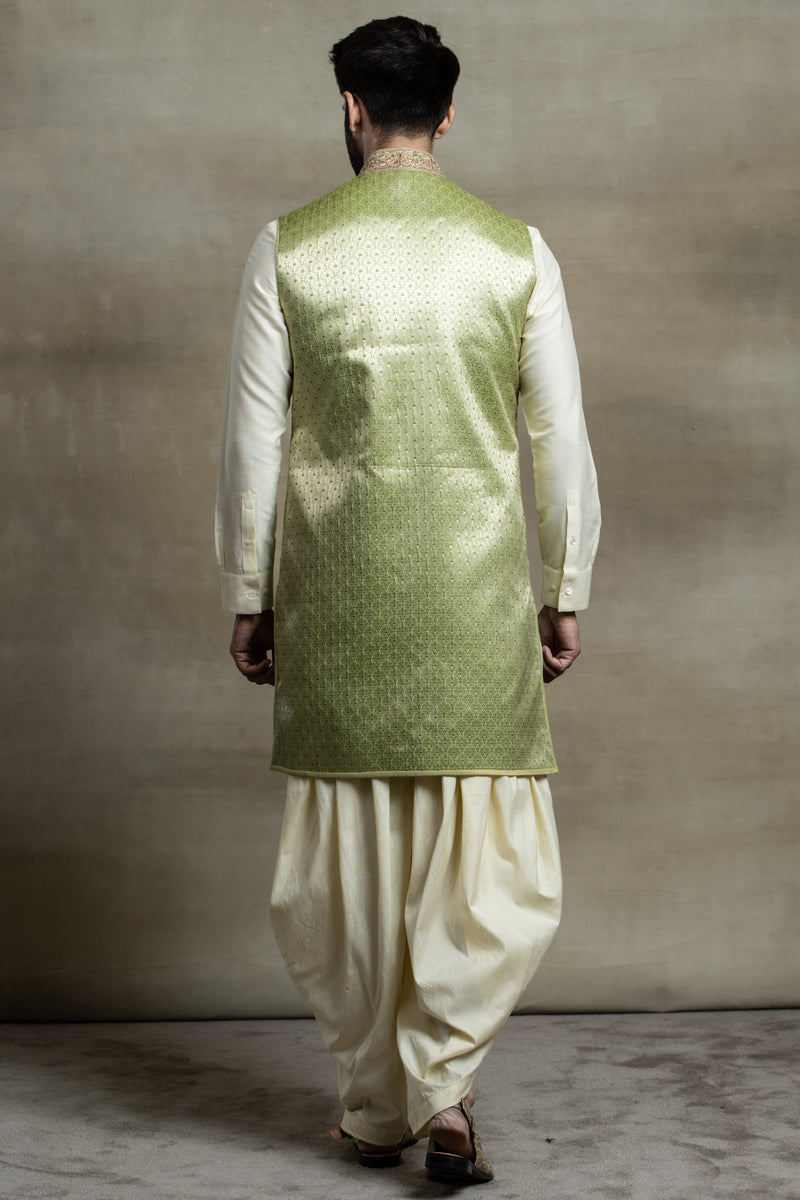 Green Sleeveless Jacquard Achkan with Embroidered Collar