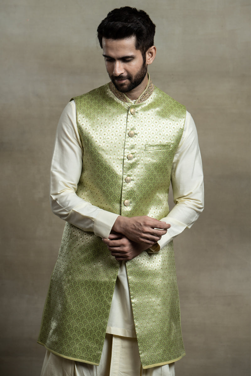 Green Sleeveless Jacquard Achkan with Embroidered Collar