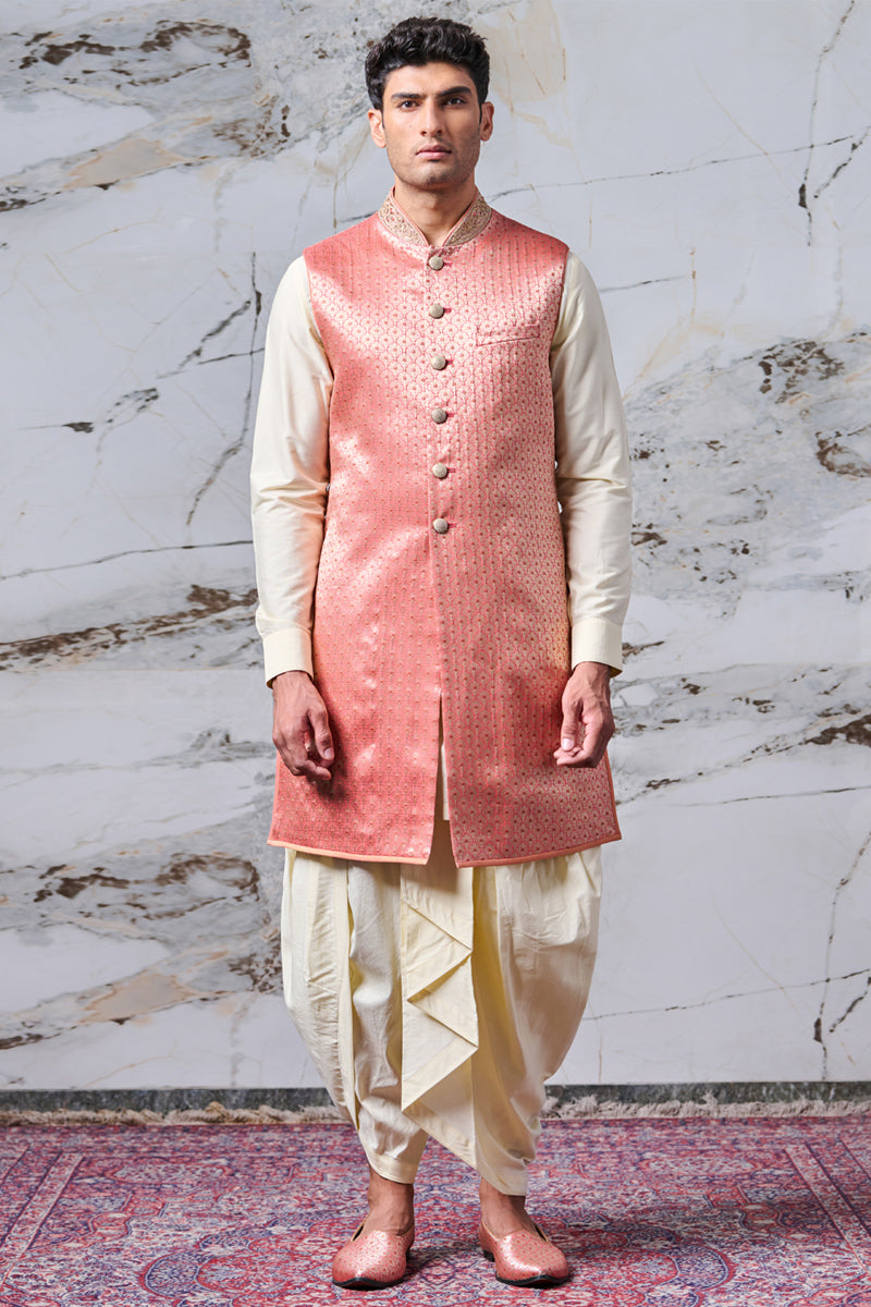 Pink Sleeveless Jacquard Achkan with Embroidered Collar